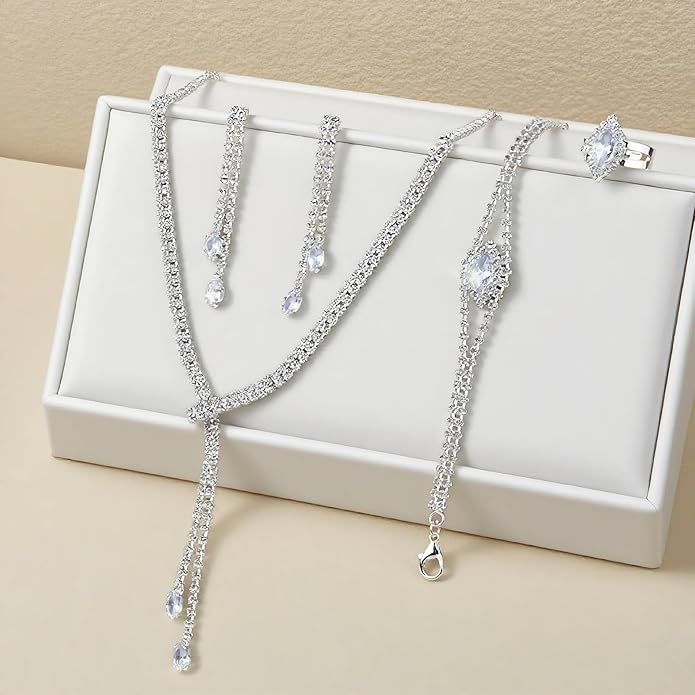 4 Pieces Cubic Zirconia Wedding Jewelry Sets for Bride Rhinestone Bridal Jewelry Set Necklace Bracelet Earring Ring for Brides Bridesmaid for Wedding Party
