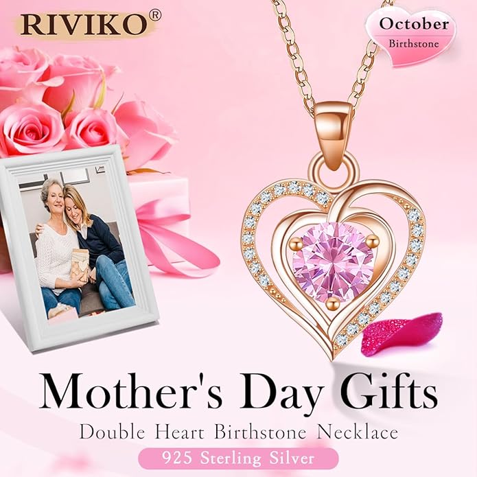 RIVIKO Heart Birthstone Pendant Necklace for Women 925 Sterling Silver Zirconia Necklaces Valentine's Day Anniversary Birthday Mothers Day Jewelry Gifts For Her Mother Wife