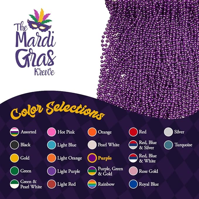 THE MARDI GRAS KREWE - Beads Necklaces Mardi Gras 72 Pack, 6 Dozen 33" 7mm - Party Favors, Parades, Bulk Decorations, Costumes, Festivals, Events - Purple
