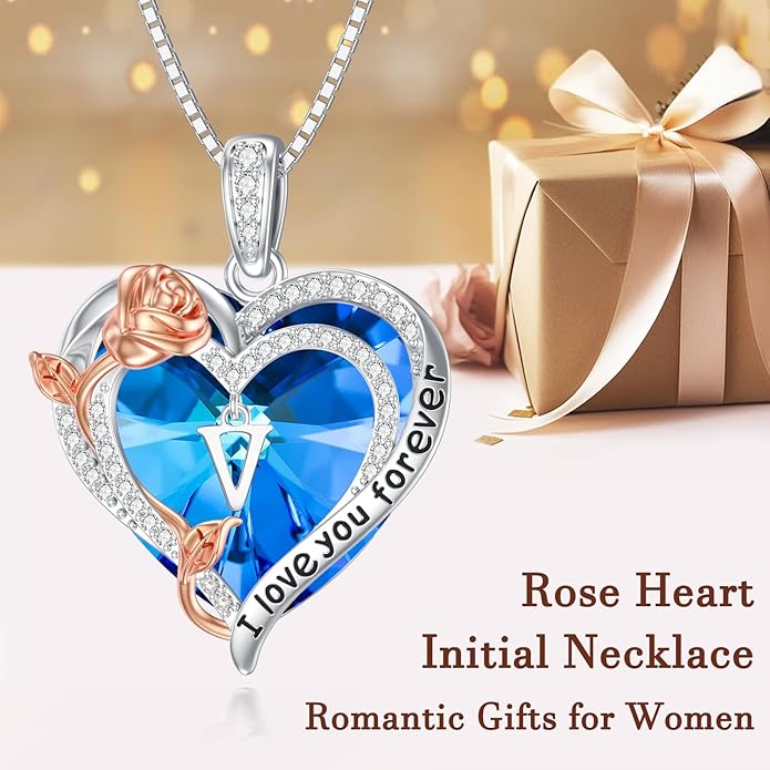 PELOVNY Rose Heart Initial Necklaces for Women S925 Sterling Silver Alphabet Letter Crystal Necklace Initial Pendant Jewelry Gifts for Mom Daughter Wife