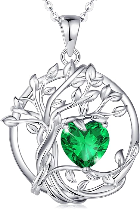 FANCIME Tree of life Birthstone necklace Sterling Silver Pendant Birthstone Necklace Gemstone Anniversary Birthday Jewelry Christmas Gifts for Mom Her Wife
