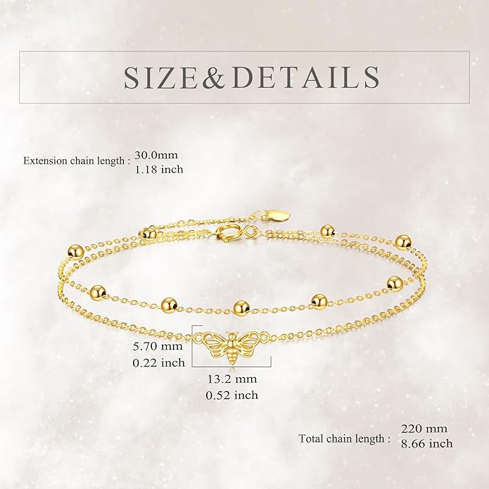 KECHO 14k Yellow Gold Butterfly/Dragonfly/Frog/Sunflower/Daisy/Tree of life/Moon/Clover Bracelet Anklet for Women