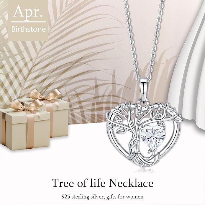 Tree of Life Necklaces for Women 925 Sterling Silver Heart Pendant Birthstone Necklace Created Gemstone Jewelry for Her, 18"+2"