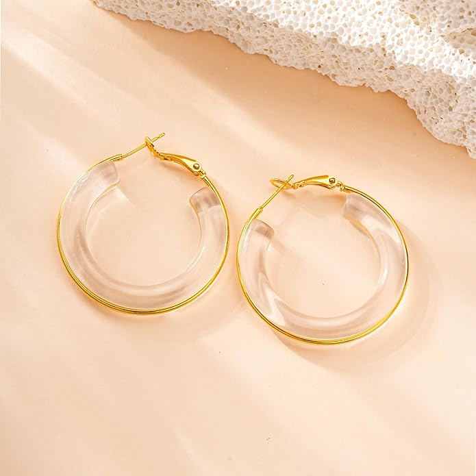Acrylic Hoop Earrings Sterling Silver Lucite Clear Resin Rectangle Transparent Hoops for Women