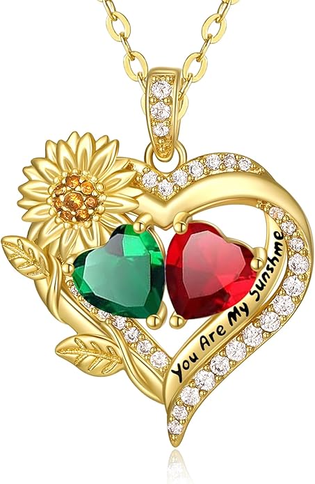 Sunflower Heart Necklace for Women 14K Gold Exquisite Valentines Day Anniversary Birthday Gifts for Wife Mother Her Double Birthstone Pendant Jewelry‘You Are My Sunshine’