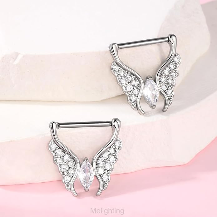 Melighting Butterfly Nipple Rings 14G Nipple Piercing 316L Stainless Steel Nipple Clicker Nipple Jewelry Clear CZ Nipple Piercing Jewelry For Women 14 mm