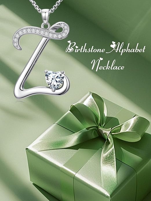 Valentines Day Gifts for Women Alphabet A to Z Initial Birthstone Pendant Necklaces for Women - 18k White Gold Plated Personalized Name Jewelry Valentine Mothers Day Birthday Gifts for Women Her Girlfriend