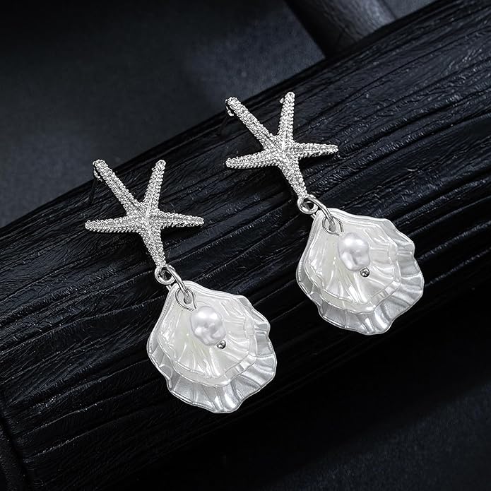 Seashell Starfish Earrings Beach Jewelry for Women Pearl Drop Shell Earrings Ocean Beachy Fashion Accessories Womens Summer Outfits 2026 Tropical Vacation Outfits Beach Vacation Clothes Dresses