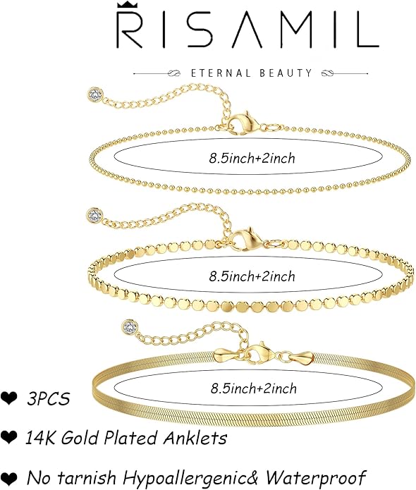 Risamil 14K Gold Plated Ankle Bracelets for Women, Anklets for Women Waterproof Layered Ankle Bracelets for Women Teen Girl Herringbone Anklet Set Summer Foot Jewelry Gifts
