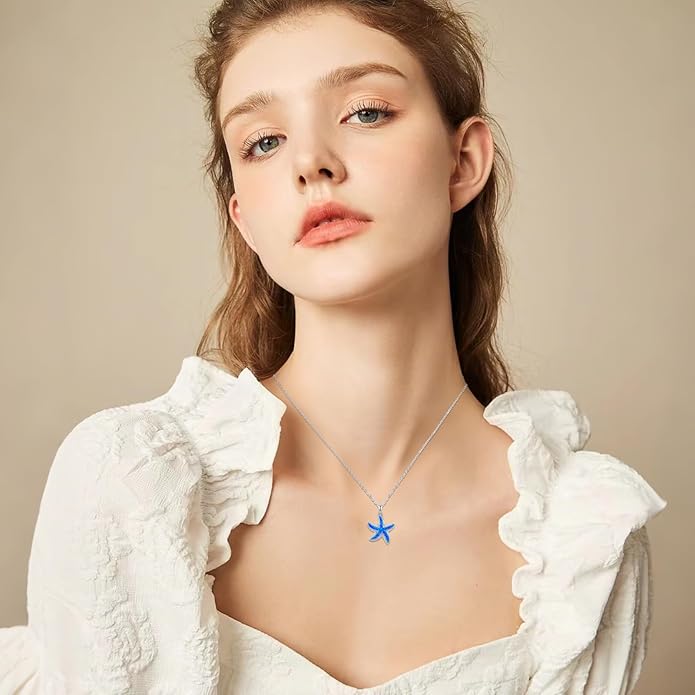 Starfish Necklace S925 Sterling Silver Summer Ocean Themed Beach Lucky Sea Star Marine Pendant Choker Necklace Starfish Jewelry Inspirational Jewelry for Women
