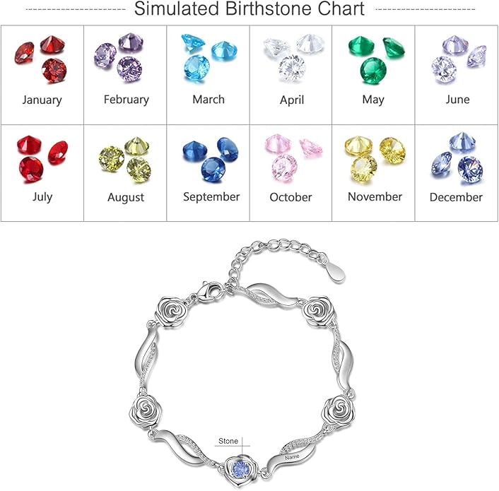 Personalized Simulated Birthstone Bracelets Adjustable Rose Flower Chain Charm Bracelet with 1-5 Name Initial Engraved for Women Mom Christmas Gifts