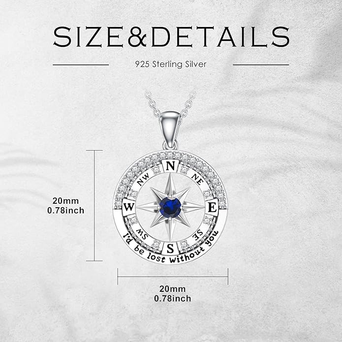 Compass Birthstone Necklace Gift for 2025 Graduation 925 Sterling Silver Compass ‘I'd be Lost Without You’ Pendant Necklaces Jewelry for Women Her Wife Gift for Birthday Anniversary