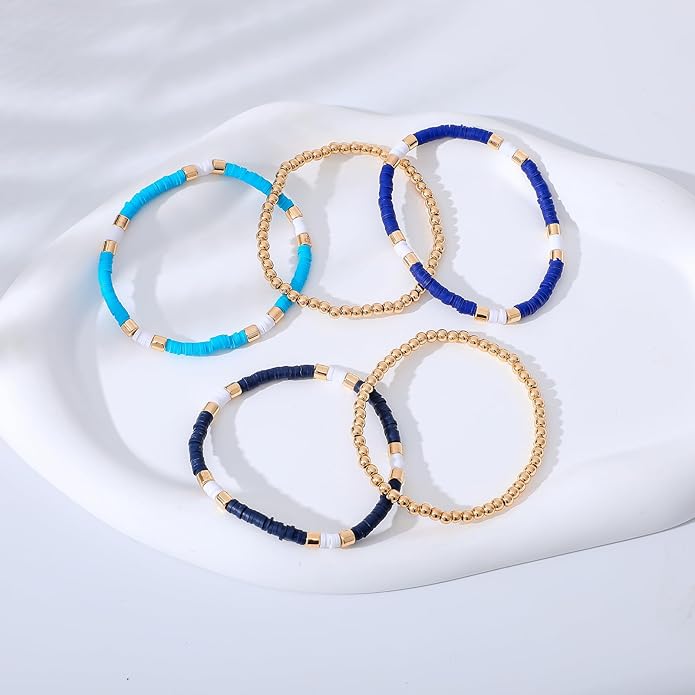 GOOJIDS Surfer Heishi Clay Bead Bracelets for Women Bohemian Stackable Gold Plated Beaded Stretch Bracelets Elastic Layering Friendship Bracelets Set Boho Jewelry