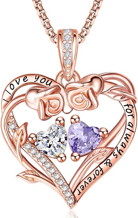 Rose Heart Necklaces for Women, Rose Gold Forever Love Jewelry with 2 Birthstones Pendant,Valentines Anniversarry Birthday Gifts for Her Wife Mom Grandma Daughter, 18+2 Inch Chain