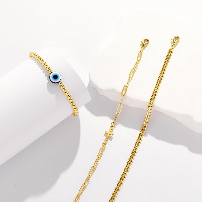 Gold Bracelets Set for Women Stack, Dainty Thick Bracelets Stack for Women Trendy, Simple Thin Gold Plated Cuff Stackable Bracelets With Beaded Cuban Paperclip Snake Rope Bangle Hand Chain Jewelry Gifts for Women Non Tainish