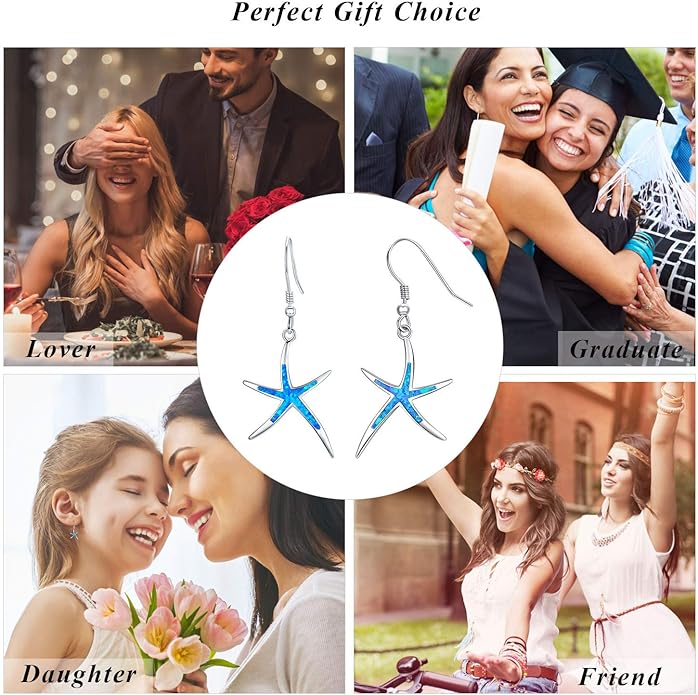 925 Sterling Silver Starfish Earrings With Opal Fish Hoops, Nautical Hawaiian Sea Beach Jewelry for Women and Starfish Lovers