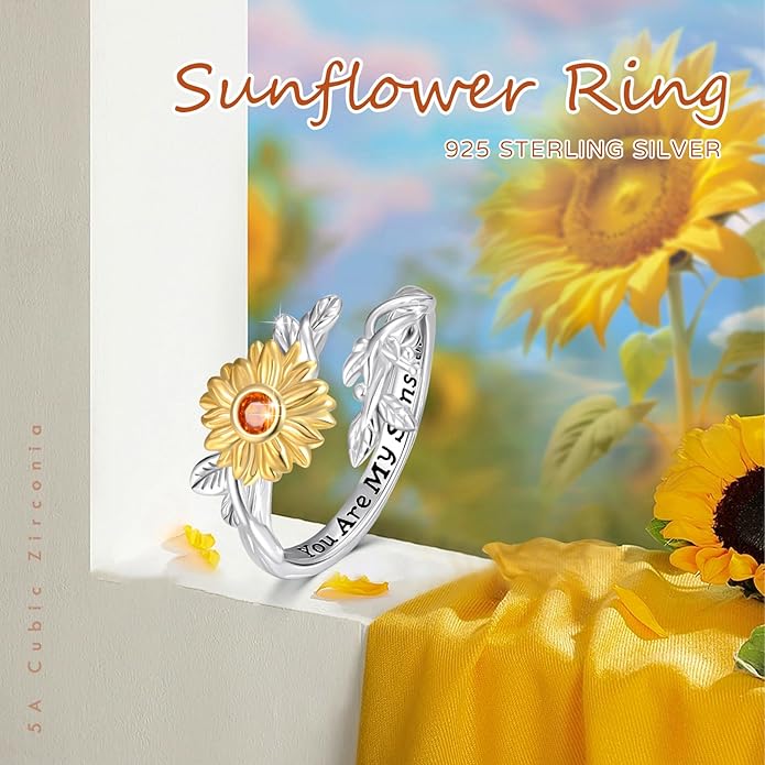 Sunflower Rings for Women, 925 Sterling Silver CZ You are My Sunshine Adjustable Open Band Rings Jewelry Gifts for Girls Size 7-8