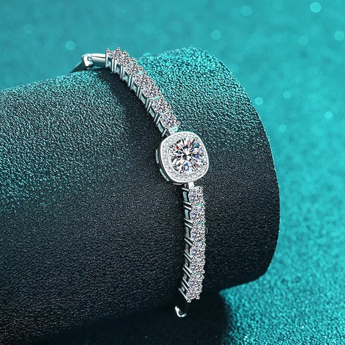 14K White Gold Over S925 Sterling Silver 2.4ct VS1 D-color Round/Square Cut Diamond Adjustable Bracelet for Women, Simple and Stylish Design with Full Shinning Gemstone Encrusted Detail