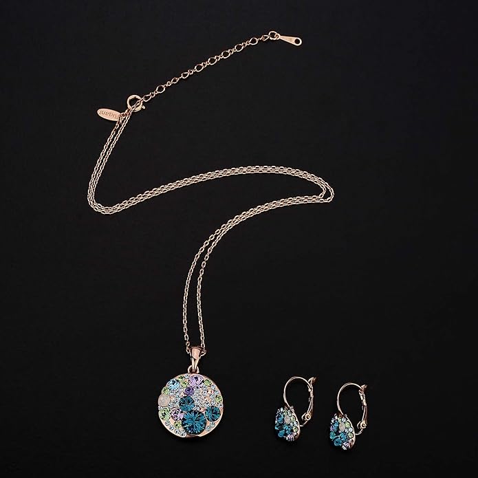 EVEVIC Austrian Crystals Round Disc Pendant Necklace Earrings for Women 14K Gold Plated Hypoallergenic Jewelry Sets