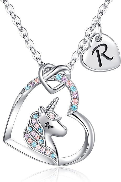 Hidepoo Valentines Gifts for Kids Girls - Unicorn Necklace Gifts for Teen Girls Kid, Colorful CZ Heart Pendant Initial Unicorn Necklaces for Girl Jewelry Birthday Gift for Girl Kid