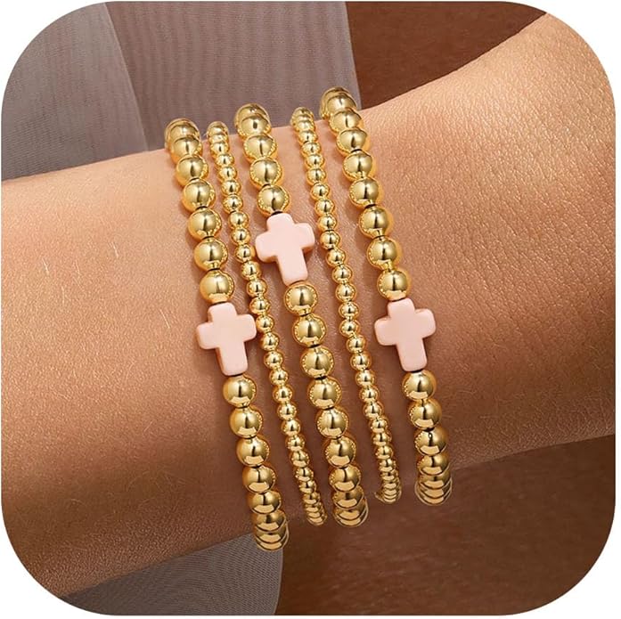 Yoosteel Valentines Day Gifts for Her Kids Teen Girl - 14K Gold Plated Dainty Round Beaded Ball Pearl Cross Bracelet Stack Set for Women Trendy Non Tarnish Teenage Girls Stackable Jewelry Gift