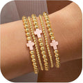 Yoosteel Valentines Day Gifts for Her Kids Teen Girl - 14K Gold Plated Dainty Round Beaded Ball Pearl Cross Bracelet Stack Set for Women Trendy Non Tarnish Teenage Girls Stackable Jewelry Gift