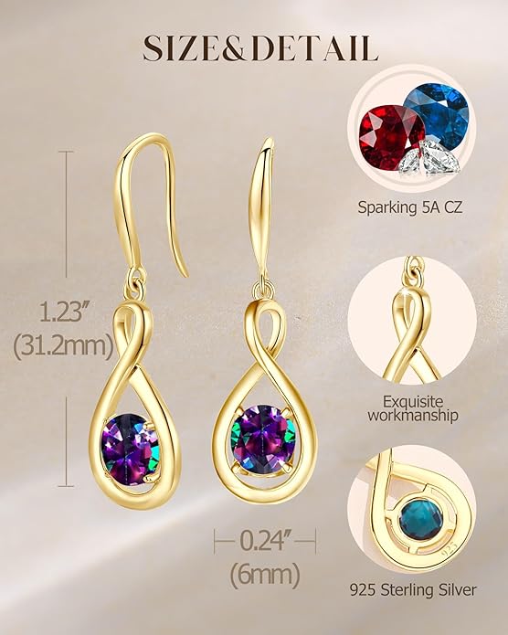 FANCIME Valentines Day Gift Dangle Drop Earrings 925 Sterling Silver Dainty Infinity Round Gemstone Birthstone Jewelry Birthday Gifts for Her Women