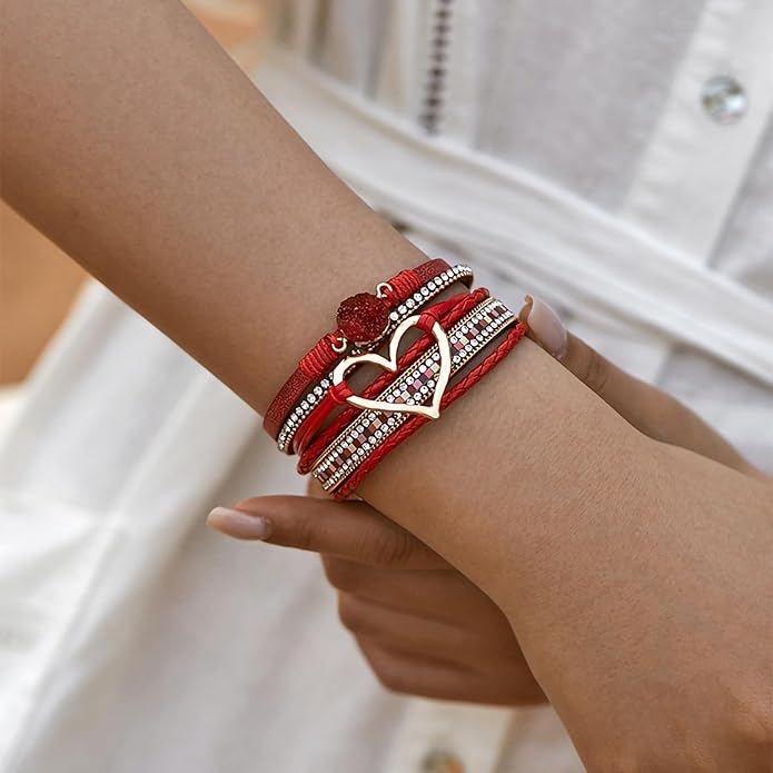 Fesciory Leopard Bracelet for Women, Boho Leather Wrap Multi-Layer Pearl Crystal Bracelet Bangle Jewelry