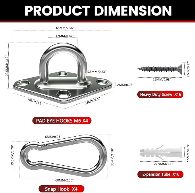 304 Stainless Steel Pad Eye Snap Hook, M6 Ceiling Hook 800Lb, Yoga Gym Equipment - Image 4