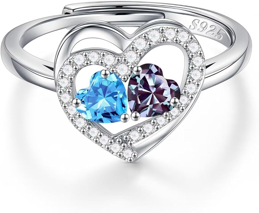 Iefil Adjustable Ring for Women - 925 Sterling Silver Double Birthstone Rings, Anniversary Birthday Gifts for Women Wife Her
