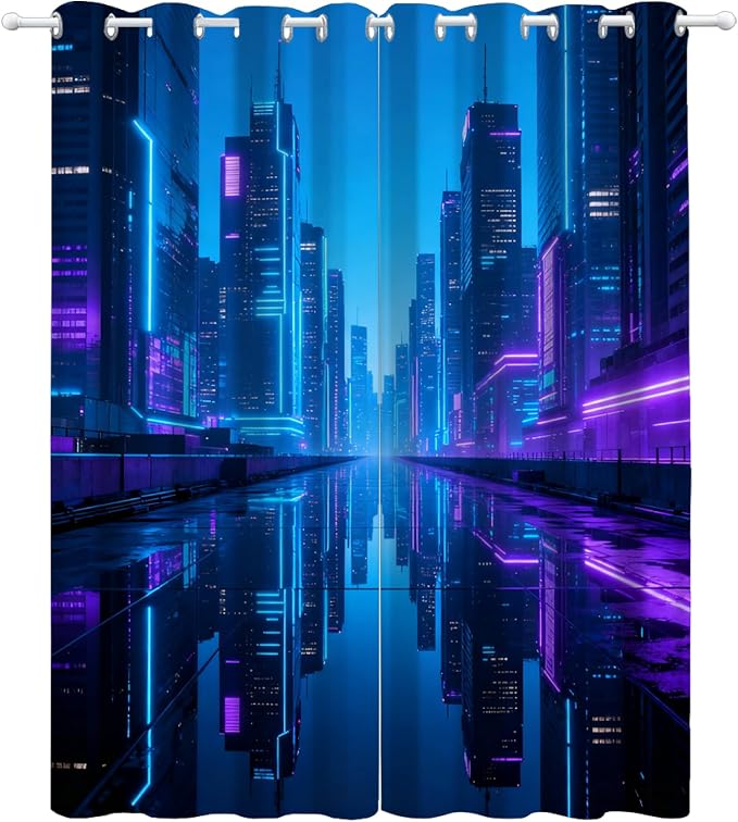 Punk City Curtains, Neon City Blackout Curtains 96 Inch Long, City Night - Image 4