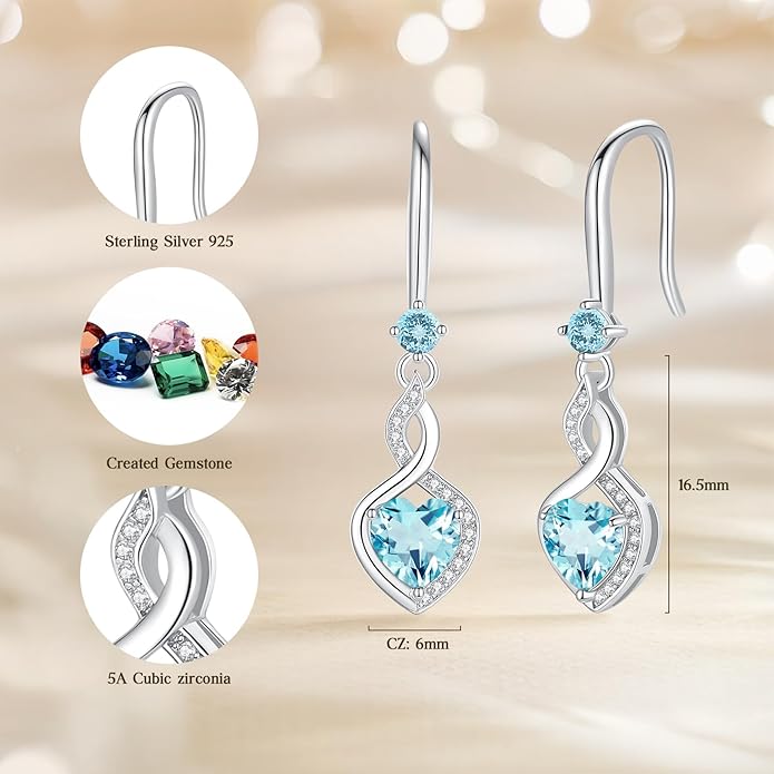 FANCIME Heart Infinity Dangle Drop Earrings 925 Sterling Silver Heart Gemstone Birthstone Earring