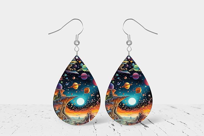 Teardrop Wood Earrings Light Weight Printed Image Dangle Jewelry, Fun and Funky