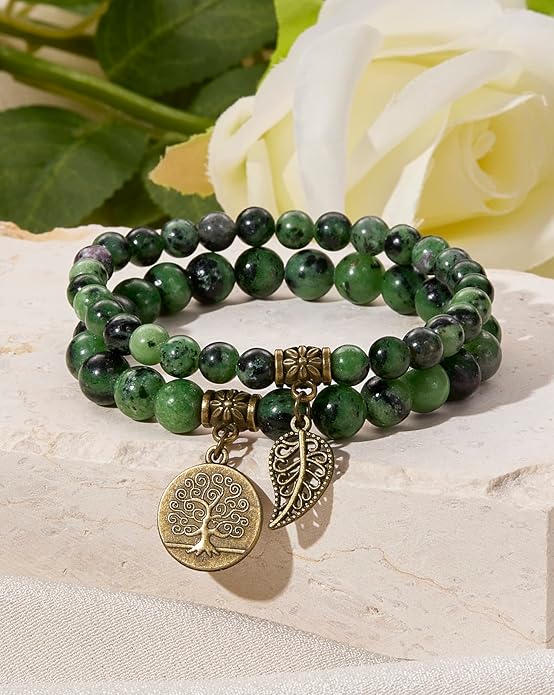 Bivei Natural Semi Precious Gemstone beads bracelet for women - Life Tree and Leaf Charm Energy Reiki Crystal Stretch Bracelets
