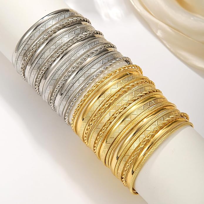 16Pcs Gold Bangle Bracelets for Women - Multi Layer Stackable Textured Bracelets Boho Jewelrys Set.