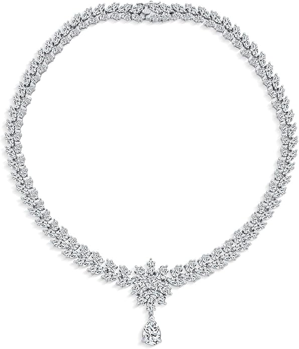 Bridal Jewelry Set Art Deco Vintage Estate Style Cubic Zirconia Marquise Leaf Teardrop AAA CZ Statement Cleavage Choker Necklace & Chandelier Dangle Clip On Or Pierced Earrings For Women Pageant