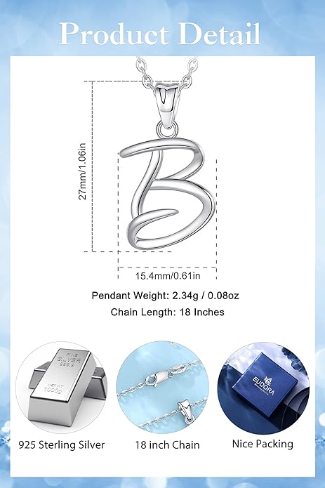 EUDORA Sterling Silver Initial Necklaces for Women, Classic 26 Letter Neckless Gifts for Girls, Sister, Mother Daughter, 18 inch Chain
