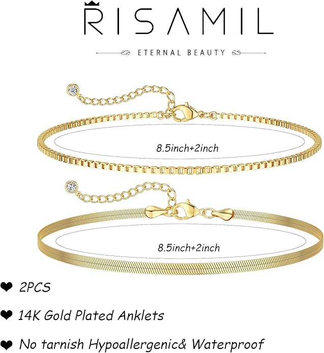 Risamil 14K Gold Plated Ankle Bracelets for Women, Anklets for Women Waterproof Layered Ankle Bracelets for Women Teen Girl Herringbone Anklet Set Summer Foot Jewelry Gifts