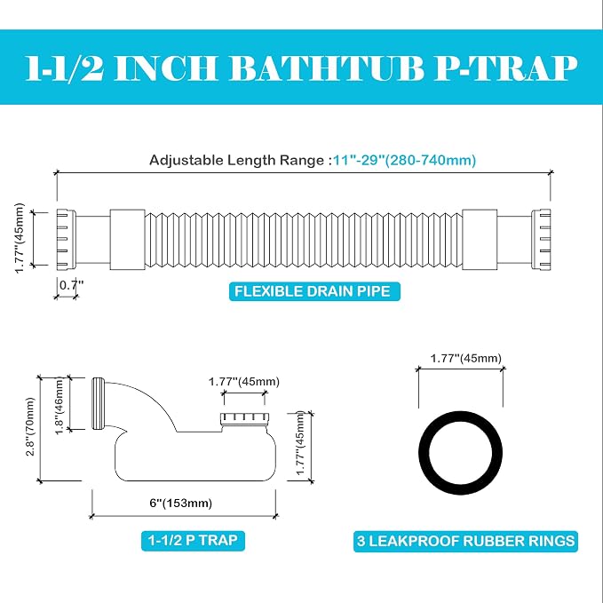 1 1/2 Inch Tub Drain Kit with Low Profile P Trap, Flexible Drain Pipe - Image 3