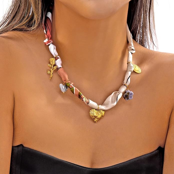 RINHOO FRIENDSHIP Silk Scarf Necklace for Women - Adjustable Boho Vintage Bandana Choker with 18K Non-Tarnish Gold Charms (Assorted Pendants & Patterns) Layered Jewelry Gift Box