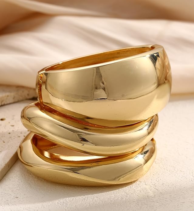 Chunky Gold Bangle Bracelets for Women, 14k Gold Plated Dainty Cuff Stackable Bangles Set, Trendy Bracelet Stack Fashion Jewelry Gifts