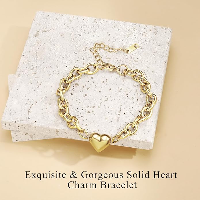 Emibele Heart Charm Bracelet for Women, Bible Verse Bracelet Stainless Steel 18K Gold Plated Bracelet Love Pendant Link Chain OT Clasp, Birthday Christmas Jewelry Gift for Mother Her