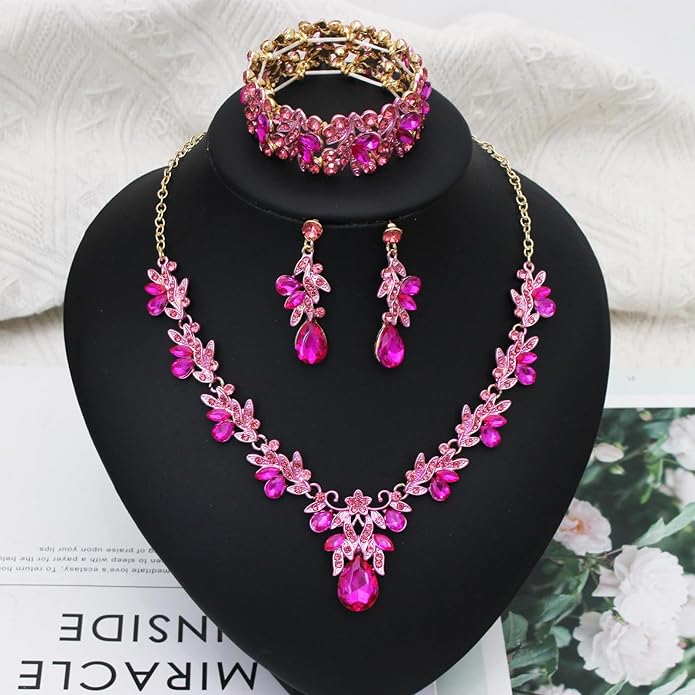 Wedding Leaf Flower Crystal Teardrop Pendant Necklace Dangle Earrings Stretch Bracelet Jewelry Set for Women Bridal Party Prom