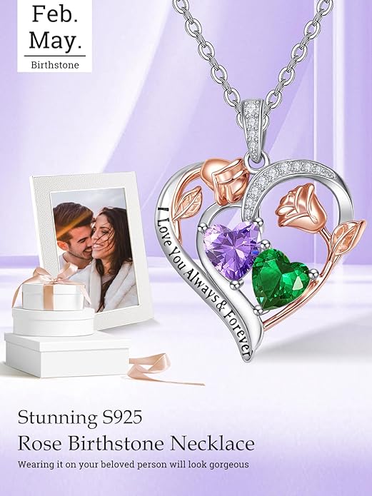 Valentine's Day Gifts for Wife 925 Sterling Silver Double Birthstone Pendant Necklaces I Love You for Always and Forever Necklace Anniversary Birthday Gifts for Wife Girlfriend Mom Her