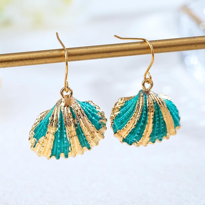 Beach Summer Sea Shell Earrings For Women, Tropical Natural Scallop Shell Jewelry Boho Earring Set Bulk Pack Vacation Dangling Drop Light Formal