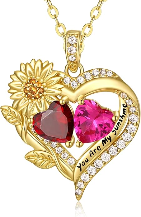 Sunflower Heart Necklace for Women 14K Gold Exquisite Valentines Day Anniversary Birthday Gifts for Wife Mother Her Double Birthstone Pendant Jewelry‘You Are My Sunshine’