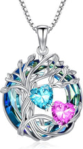 TOUPOP s925 Sterling Silver Family Celtic Tree of Life Pendant Necklaces with 2 Heart Birthstone with Blue Austrian Crystal Jewelry Birthday Valentines Day Gifts for Her, Anniversary Christmas Gifts for Wife Girlfriend Mom (18K Real White Gold Filled)