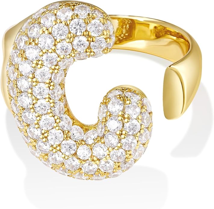 KissYan Bubble Initial Ring Valentines Day Gifts for Women, 14k Gold Plate Balloon Jumbo Letter Rings Open Adjustable Dainty Pave CZ Personalized Fashion Trendy Statement Jewelry