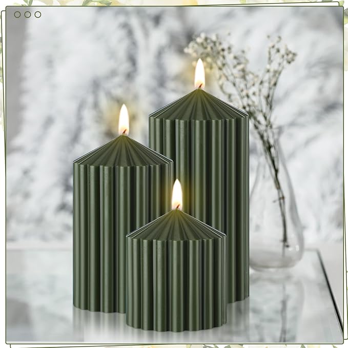 Conelist Set of 3 Moss Green Ribbed Pillar Candles Soy Wax Scented Candles | 2.8 - Image 6