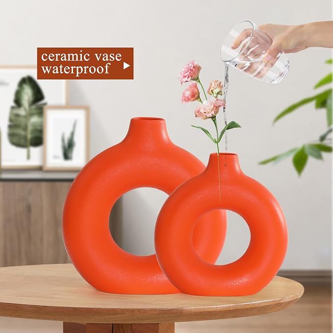 Orange Ceramic Donut Vase Set of 2, Hollow Round Matte Pampas Flower Vases - Image 3